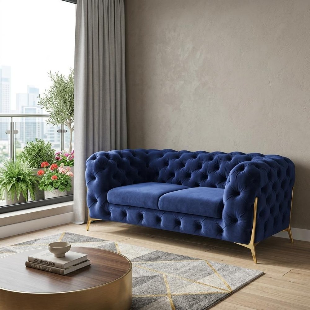Blue and Gold Velvet Loveseat - 74-inch