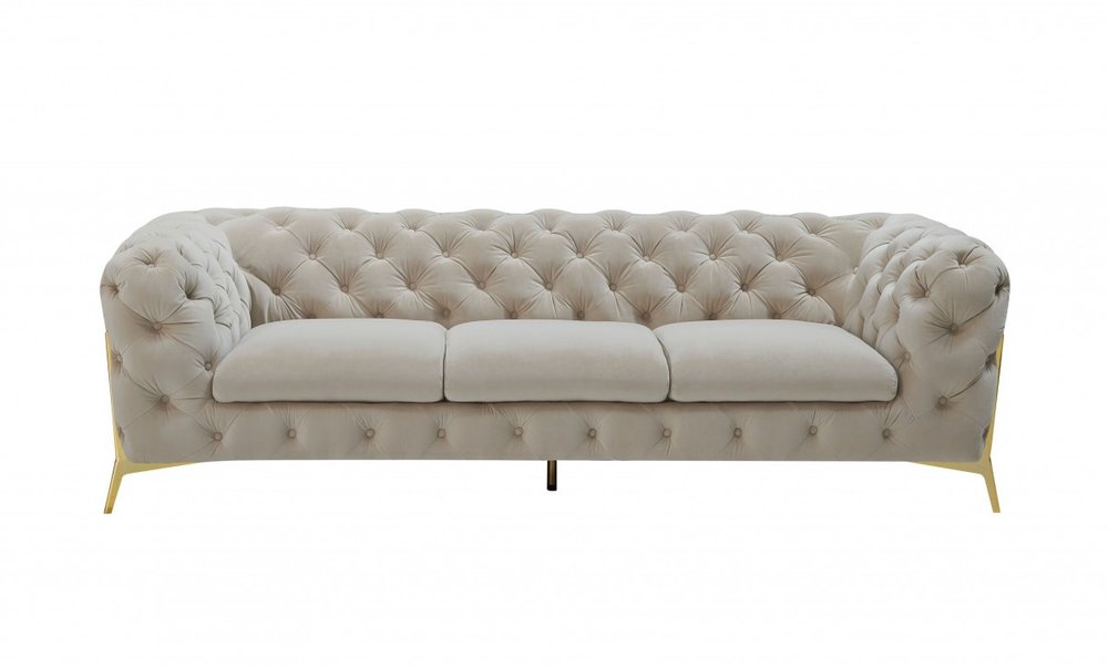 Beige Velvet Sofa with Gold Legs - 97-inch