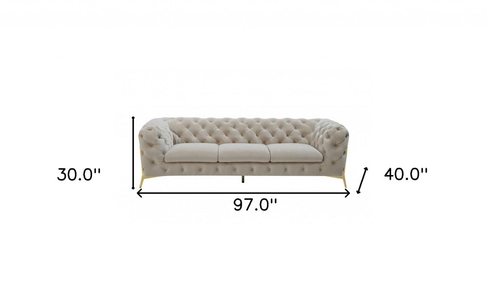 Beige Velvet Sofa with Gold Legs - 97-inch