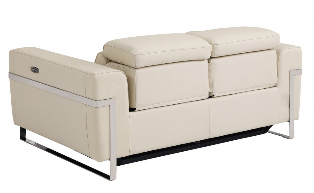 Beige and Silver Italian Leather Power Reclining Loveseat - 65-inch