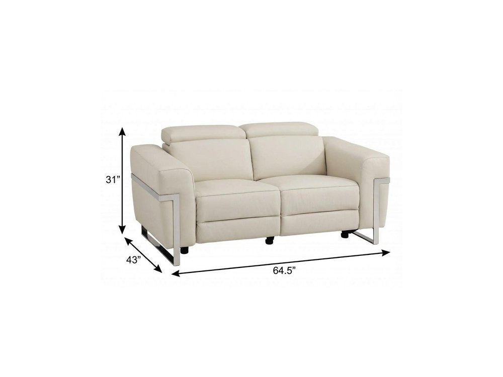 Beige and Silver Italian Leather Power Reclining Loveseat - 65-inch