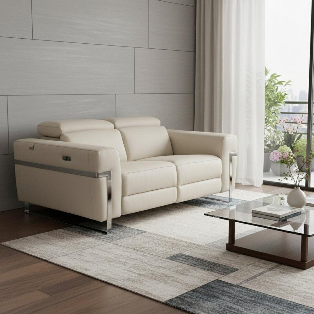 Beige and Silver Italian Leather Power Reclining Loveseat - 65-inch