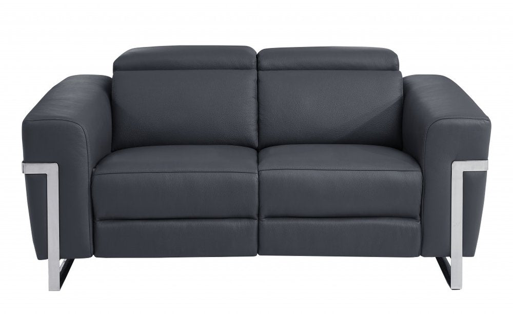 Gray and Silver Italian Leather Power Reclining Loveseat - 65-inch