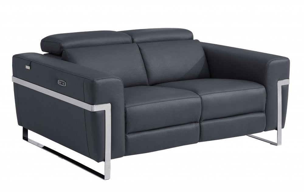 Gray and Silver Italian Leather Power Reclining Loveseat - 65-inch
