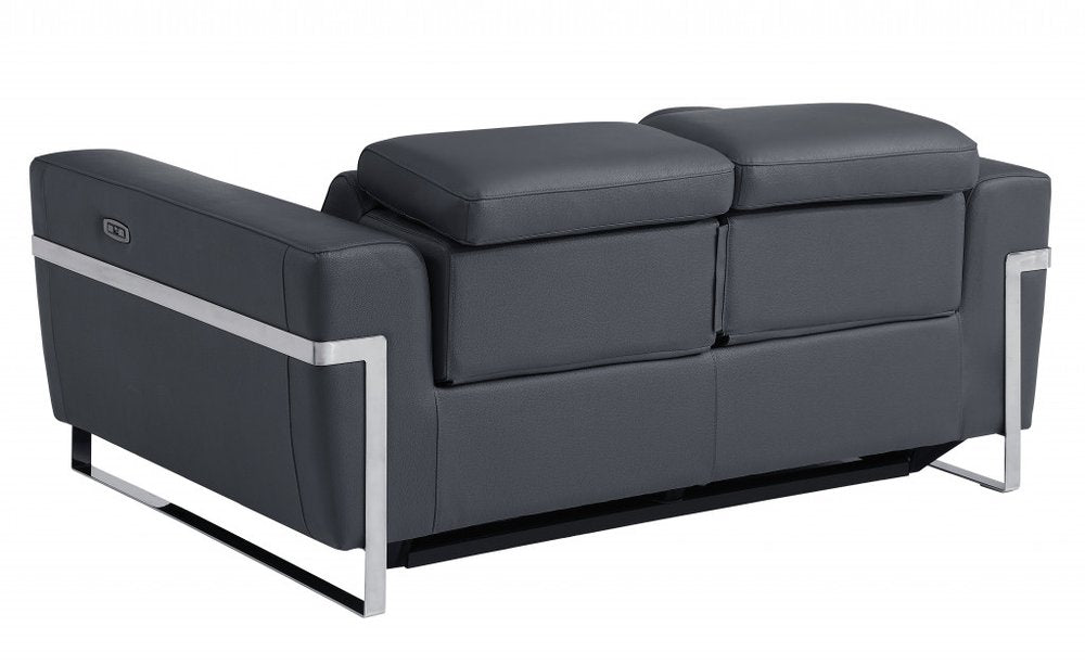 Gray and Silver Italian Leather Power Reclining Loveseat - 65-inch