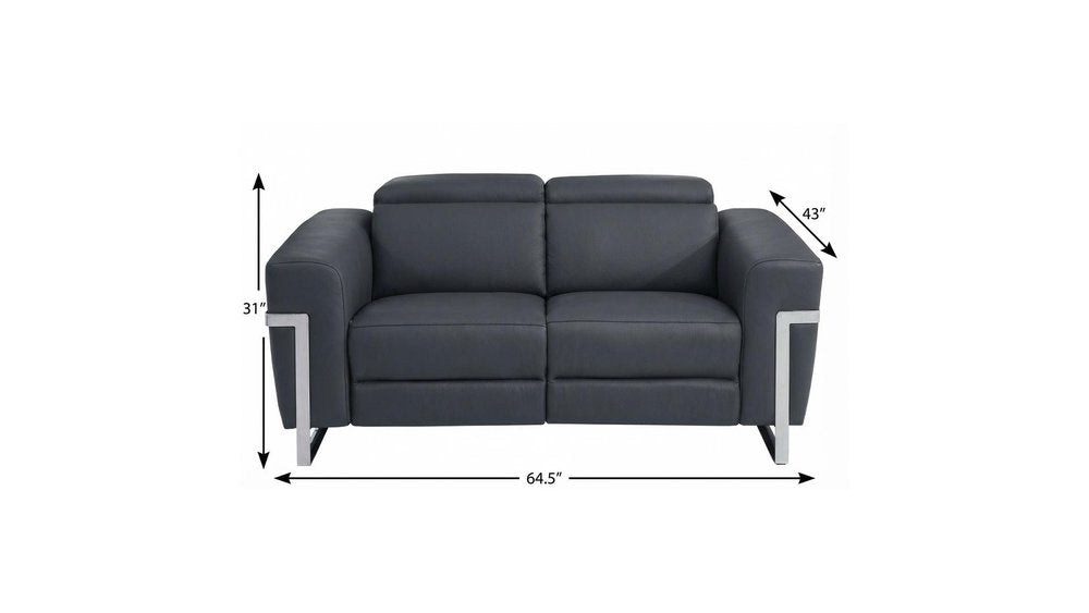 Gray and Silver Italian Leather Power Reclining Loveseat - 65-inch
