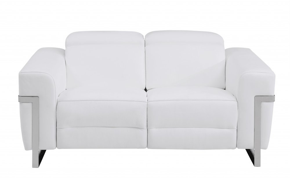 White and Silver Italian Leather Power Reclining Loveseat - 65-inch