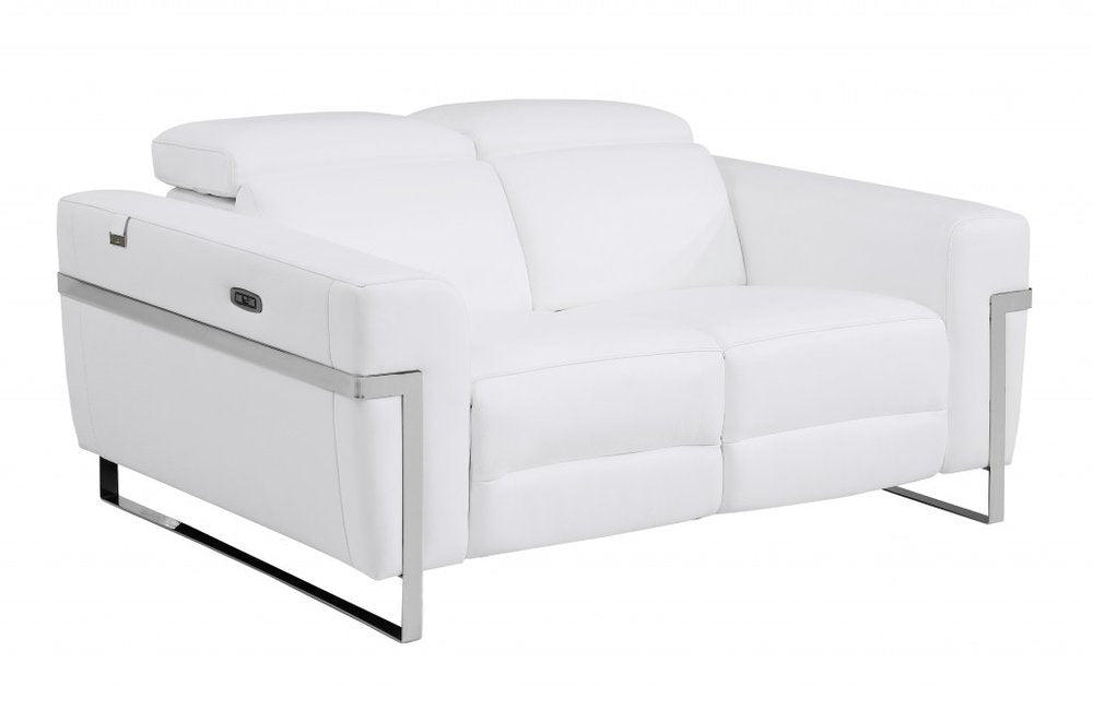 White and Silver Italian Leather Power Reclining Loveseat - 65-inch