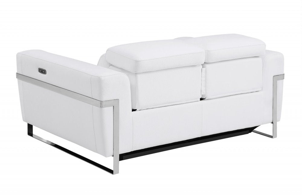 White and Silver Italian Leather Power Reclining Loveseat - 65-inch