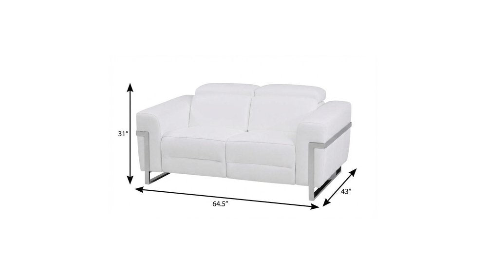White and Silver Italian Leather Power Reclining Loveseat - 65-inch