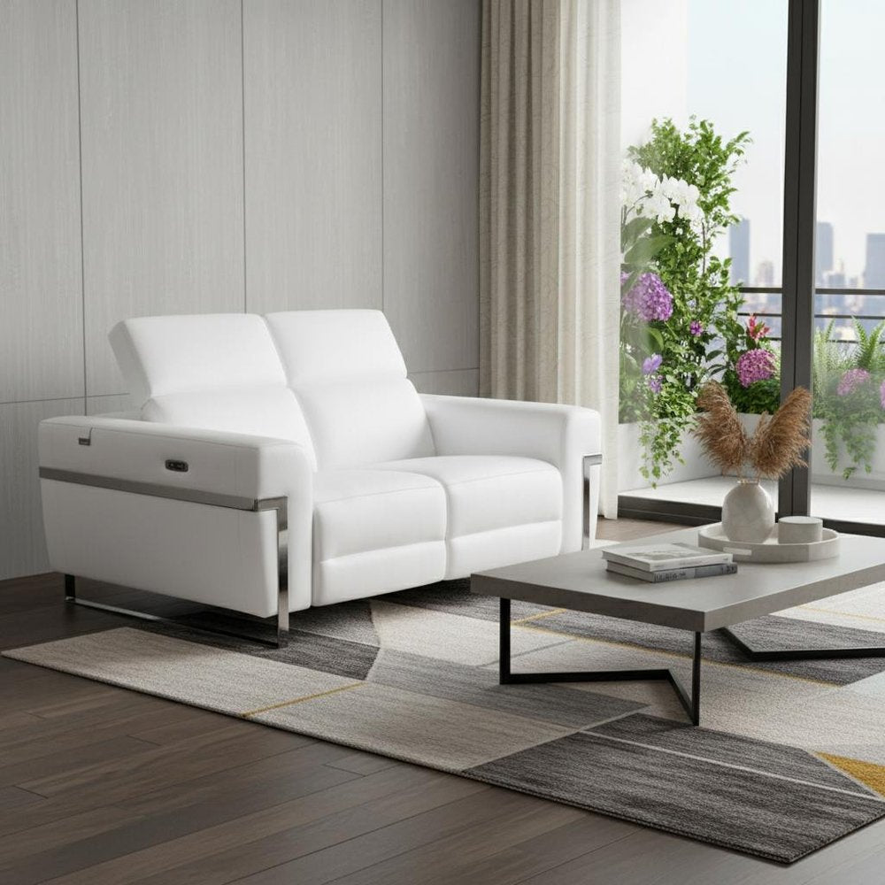 White and Silver Italian Leather Power Reclining Loveseat - 65-inch