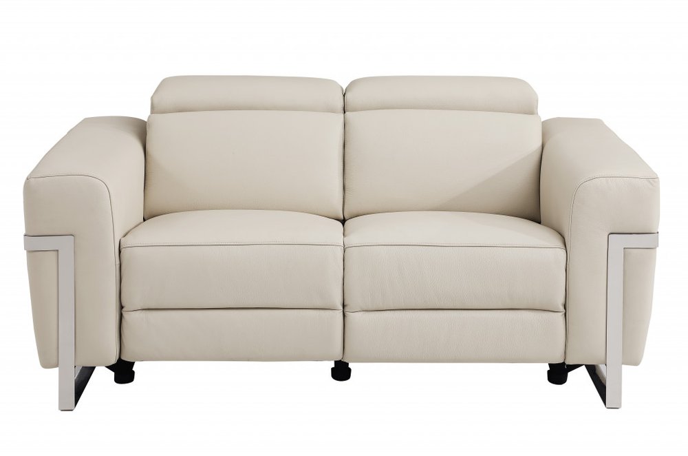 Beige and Silver Italian Leather Power Reclining Loveseat - 65-inch