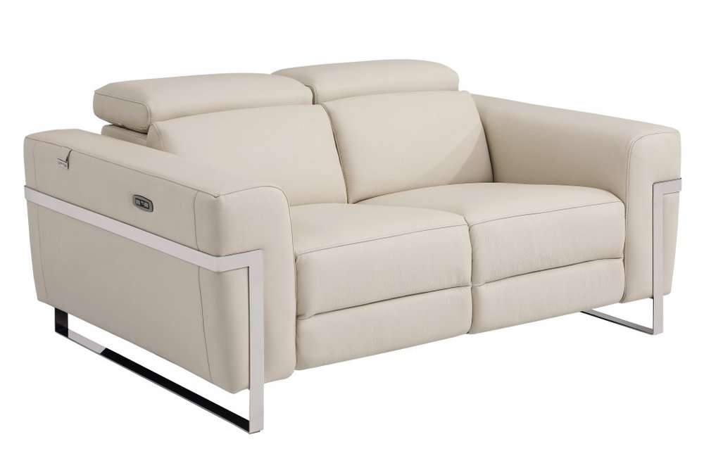 Beige and Silver Italian Leather Power Reclining Loveseat - 65-inch