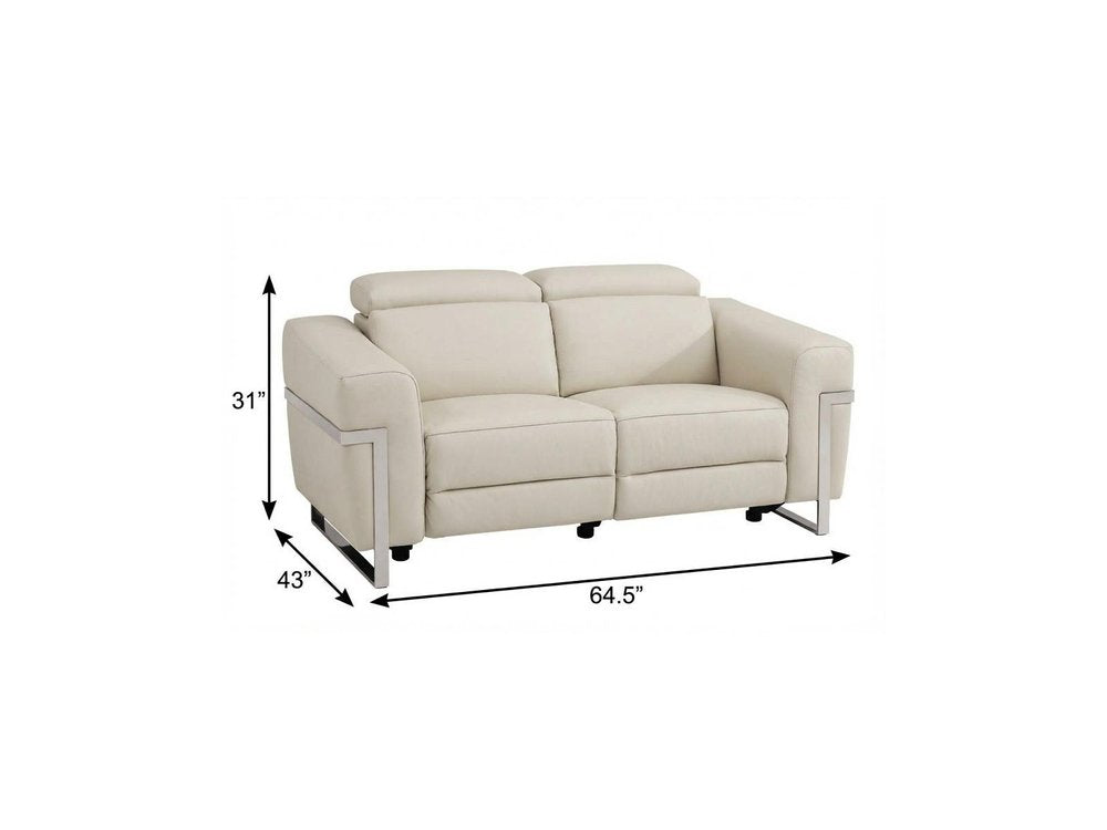 Beige and Silver Italian Leather Power Reclining Loveseat - 65-inch
