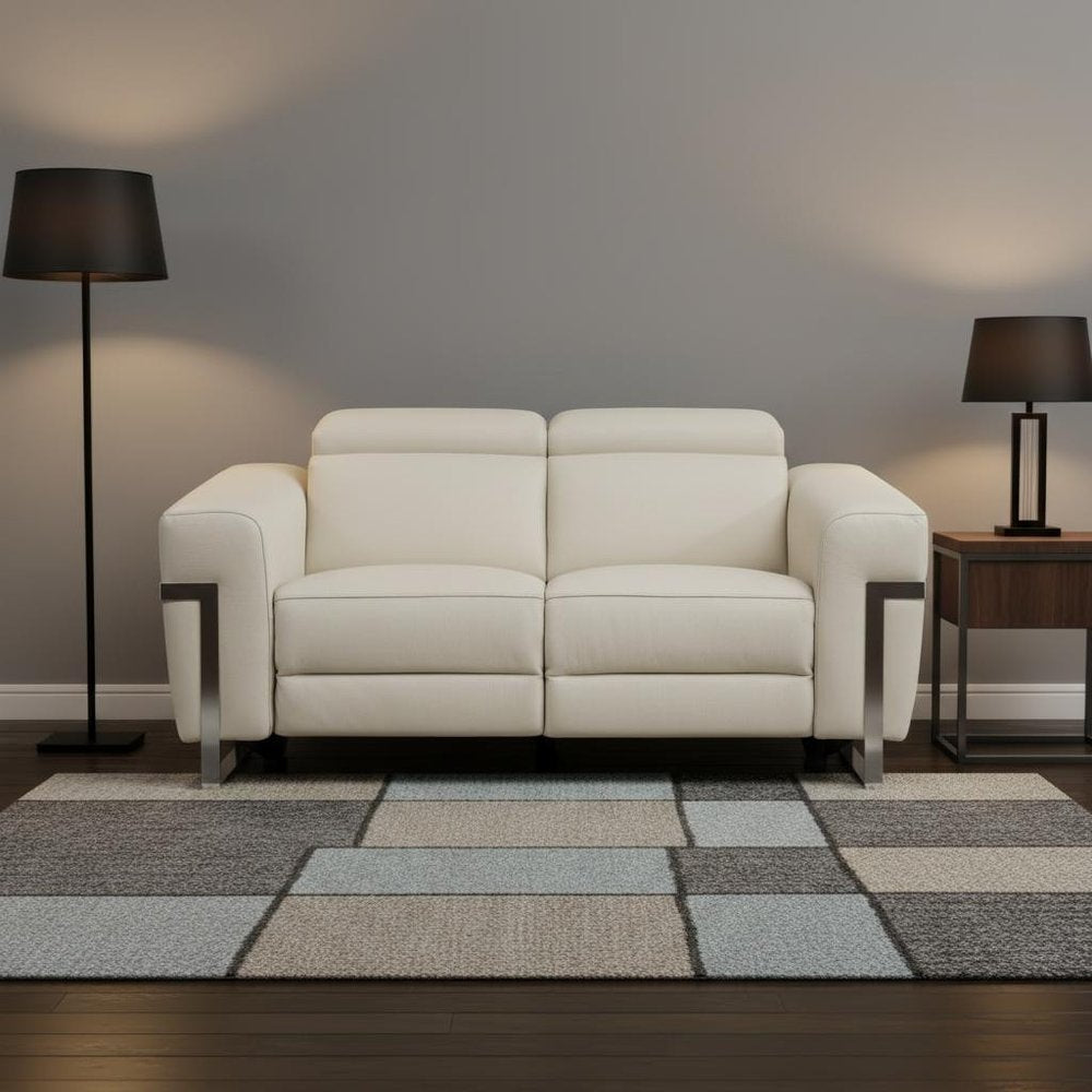 Beige and Silver Italian Leather Power Reclining Loveseat - 65-inch