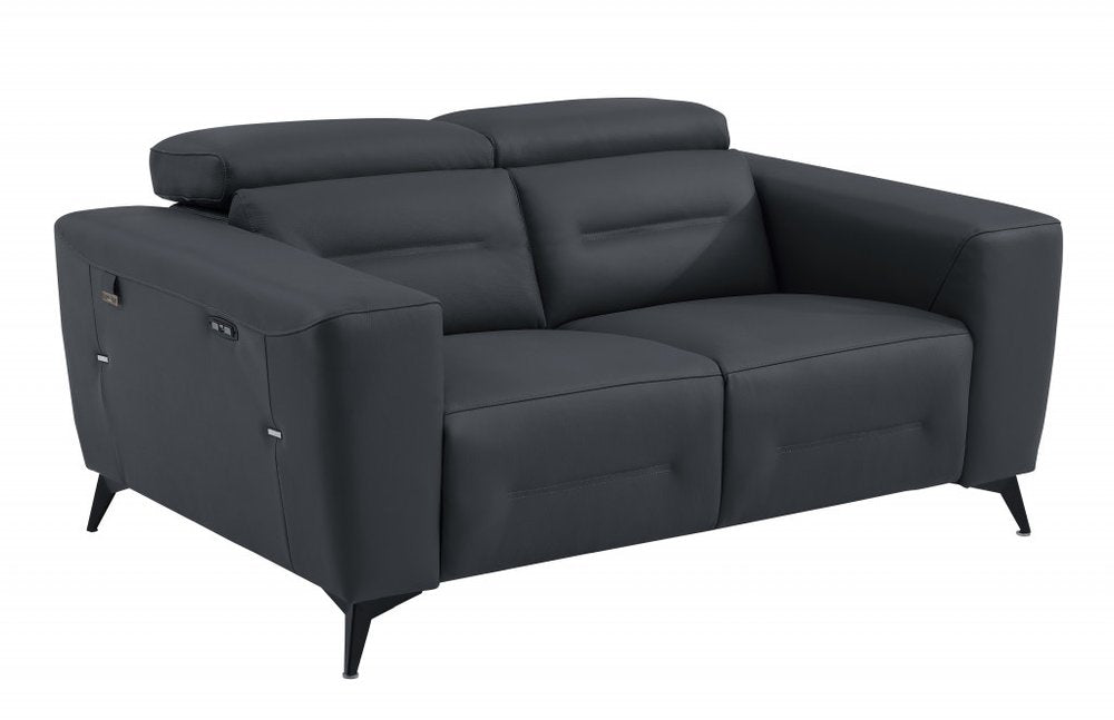 Gray and Black Italian Leather Power Reclining Loveseat - 65-inch