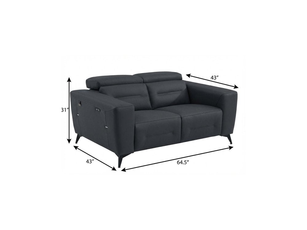 Gray and Black Italian Leather Power Reclining Loveseat - 65-inch