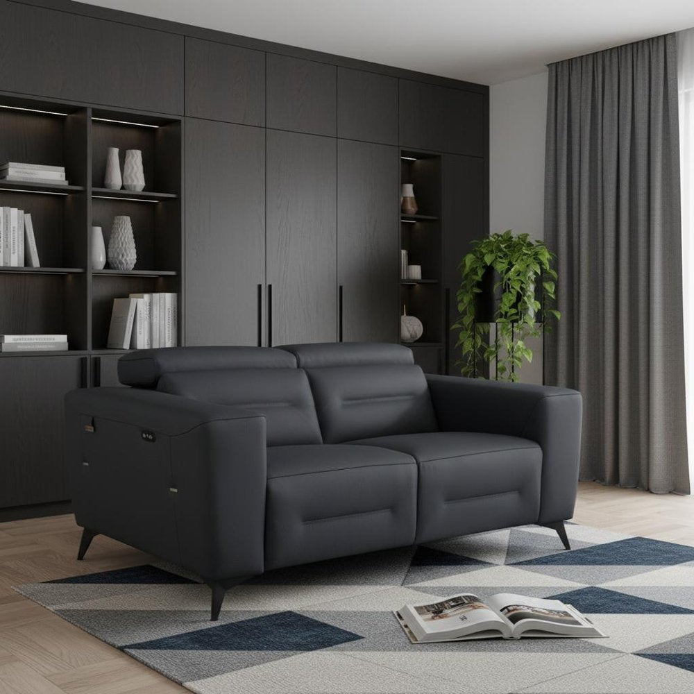 Gray and Black Italian Leather Power Reclining Loveseat - 65-inch
