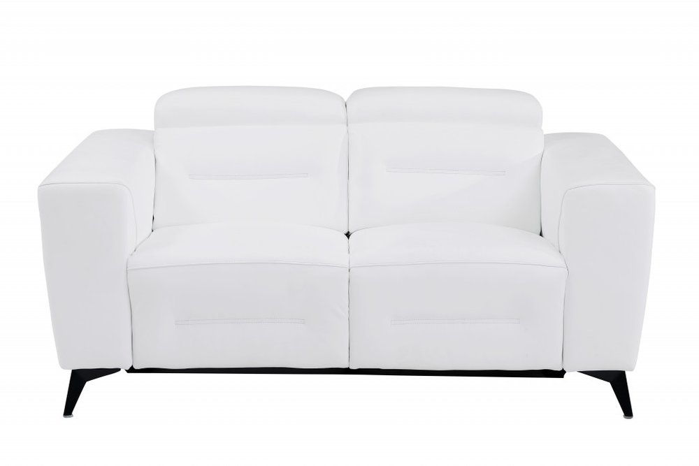 White and Black Italian Leather Power Reclining Loveseat - 65-inch