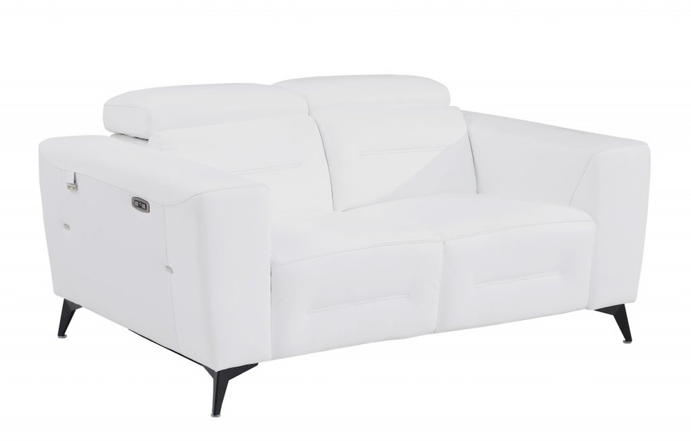 White and Black Italian Leather Power Reclining Loveseat - 65-inch