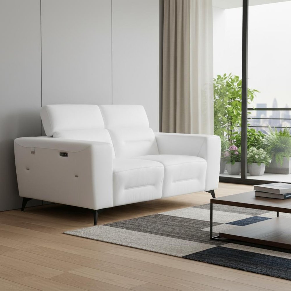White and Black Italian Leather Power Reclining Loveseat - 65-inch