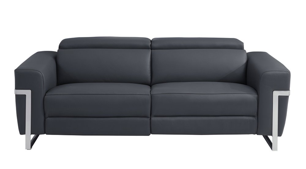 Dark Gray Italian Leather USB Reclining Sofa with Silver Legs