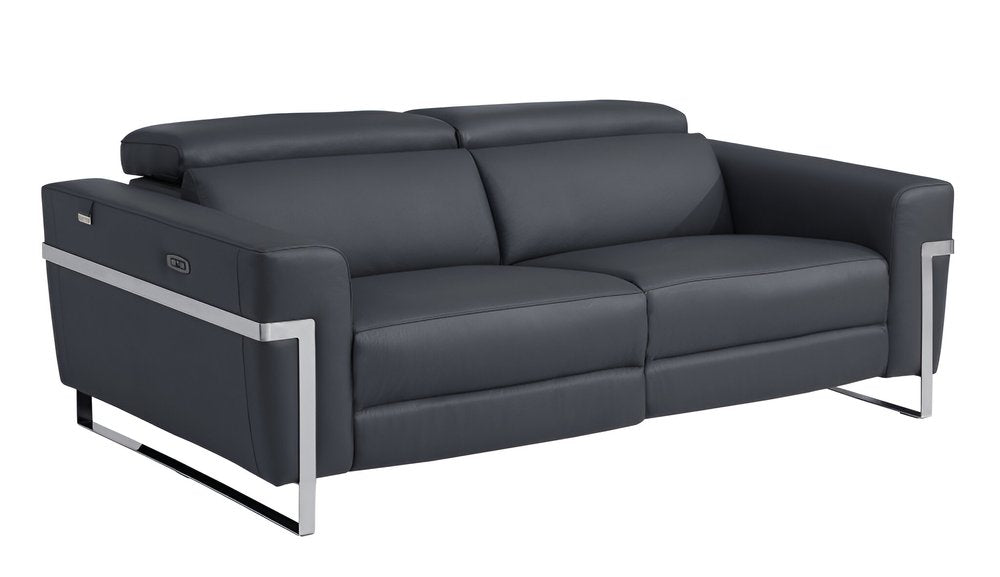 Dark Gray Italian Leather USB Reclining Sofa with Silver Legs