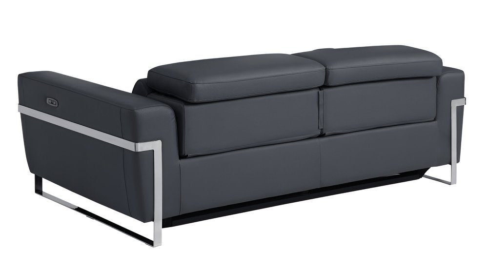 Dark Gray Italian Leather USB Reclining Sofa with Silver Legs