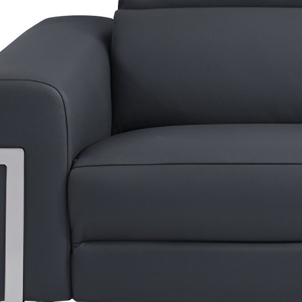 Dark Gray Italian Leather USB Reclining Sofa with Silver Legs