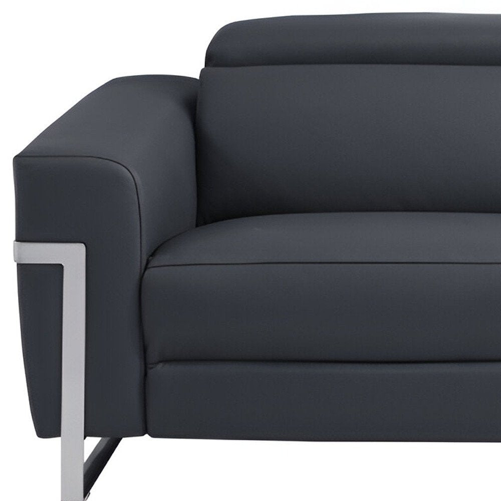 Dark Gray Italian Leather USB Reclining Sofa with Silver Legs