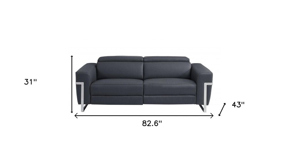 Dark Gray Italian Leather USB Reclining Sofa with Silver Legs