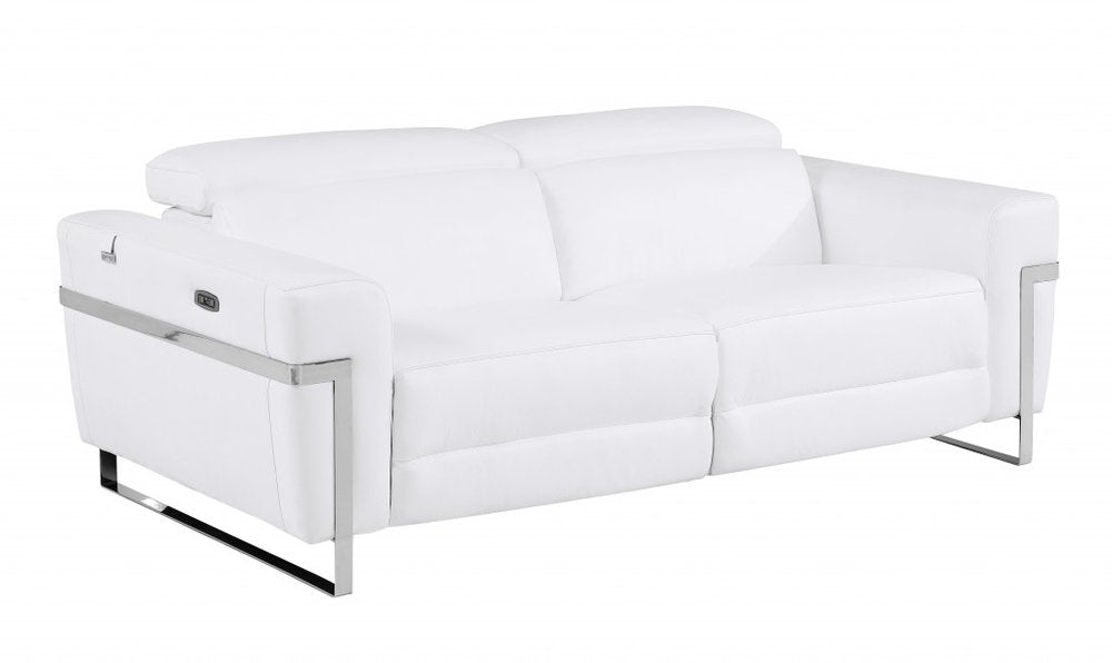 Dark Gray Italian Leather USB Reclining Sofa with Silver Legs