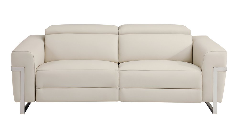 Beige Italian Leather USB Reclining Sofa with Silver Legs - 83-inch