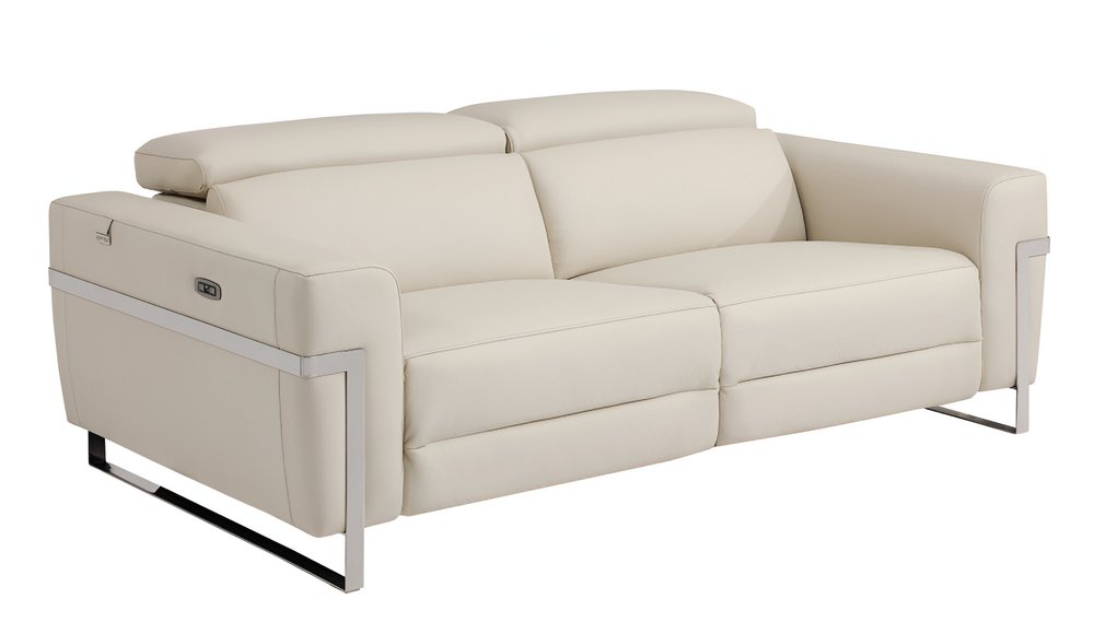 Beige Italian Leather USB Reclining Sofa with Silver Legs - 83-inch