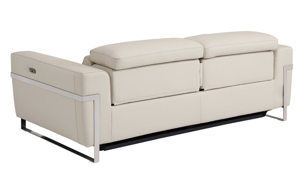 Beige Italian Leather USB Reclining Sofa with Silver Legs - 83-inch