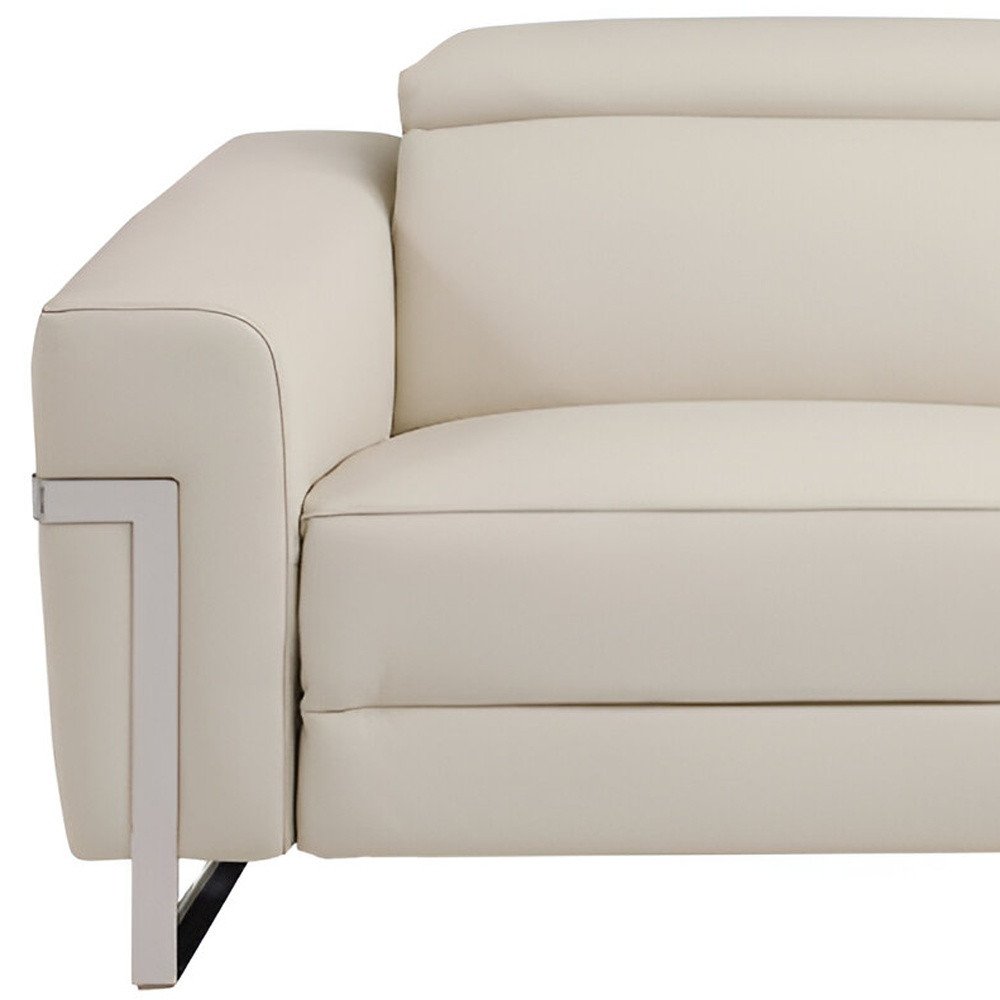 Beige Italian Leather USB Reclining Sofa with Silver Legs - 83-inch