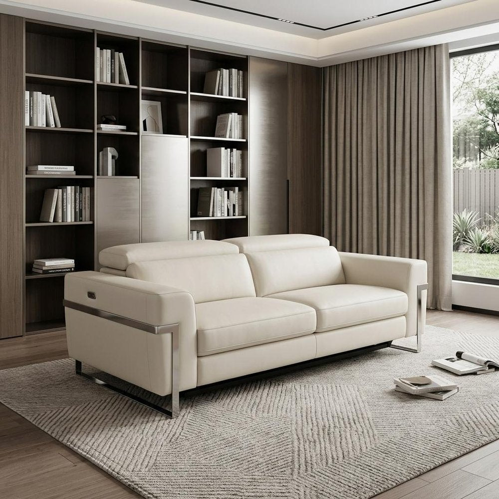 Beige Italian Leather USB Reclining Sofa with Silver Legs - 83-inch
