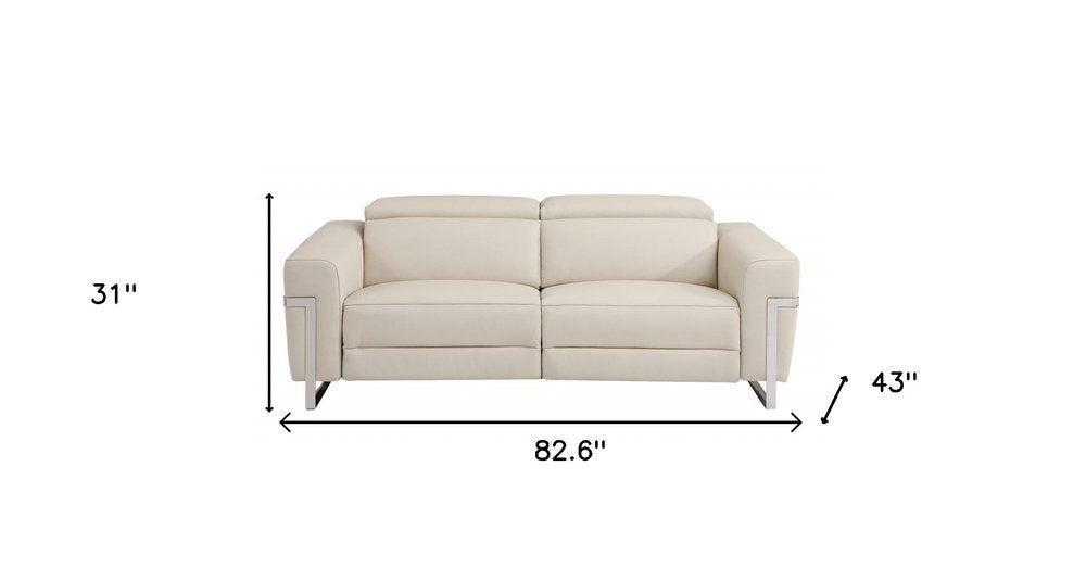 Beige Italian Leather USB Reclining Sofa with Silver Legs - 83-inch