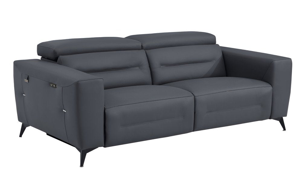 Beige Italian Leather USB Reclining Sofa with Silver Legs - 83-inch
