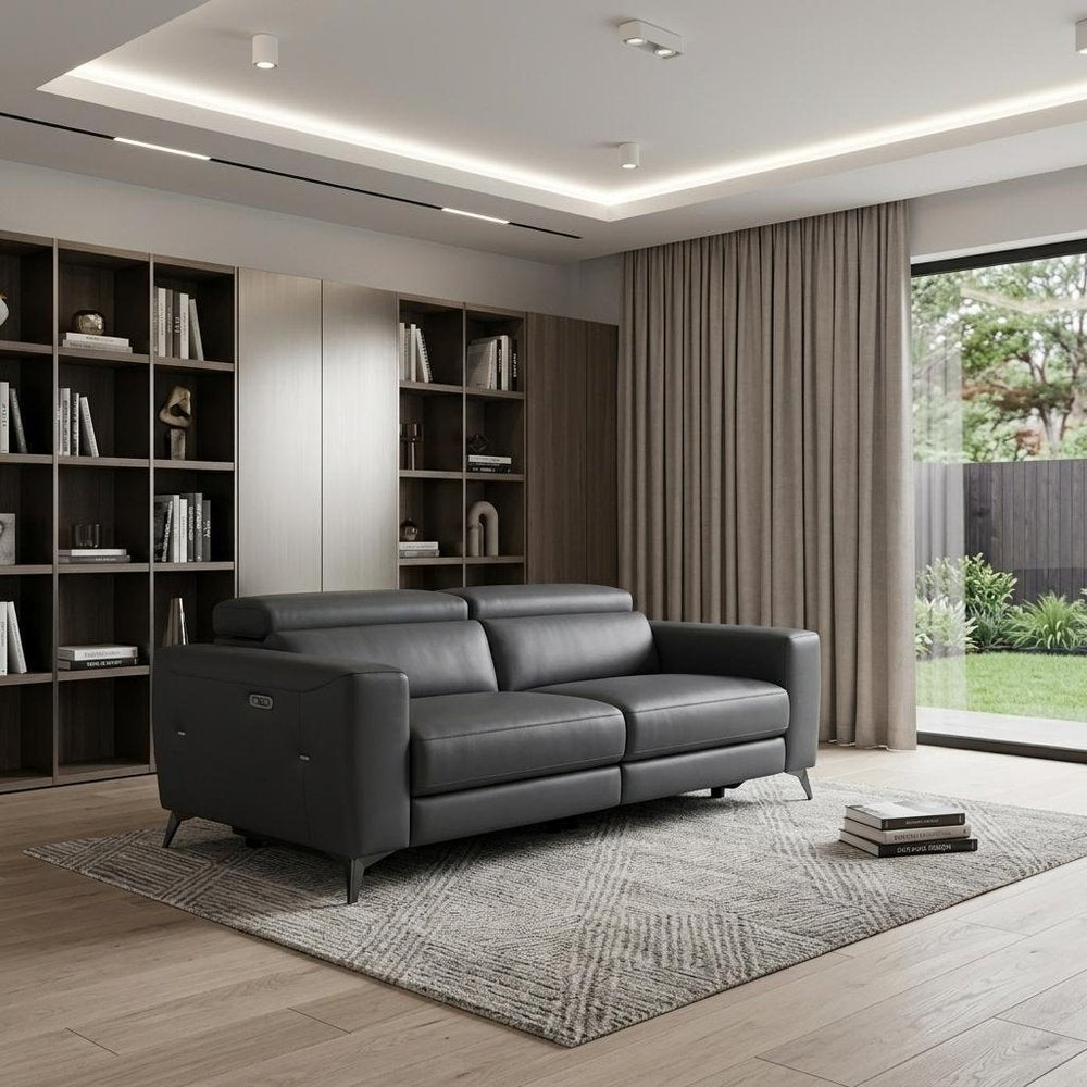 Beige Italian Leather USB Reclining Sofa with Silver Legs - 83-inch