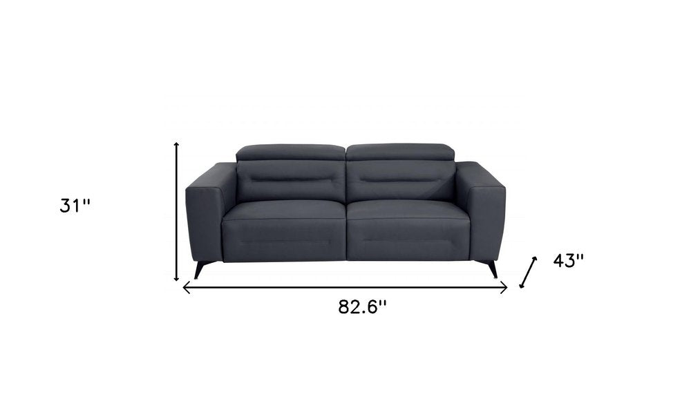 Beige Italian Leather USB Reclining Sofa with Silver Legs - 83-inch
