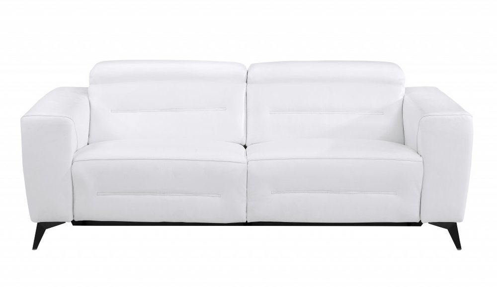 Beige Italian Leather USB Reclining Sofa with Silver Legs - 83-inch