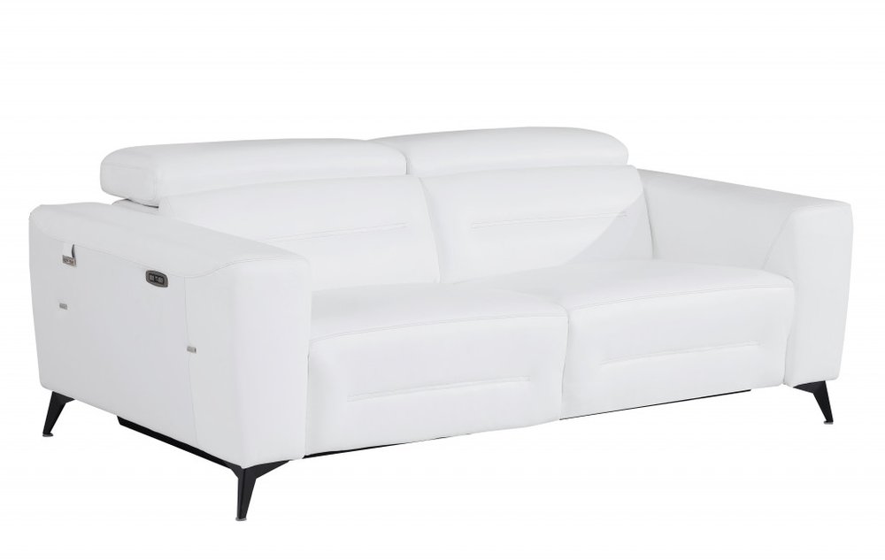 Beige Italian Leather USB Reclining Sofa with Silver Legs - 83-inch
