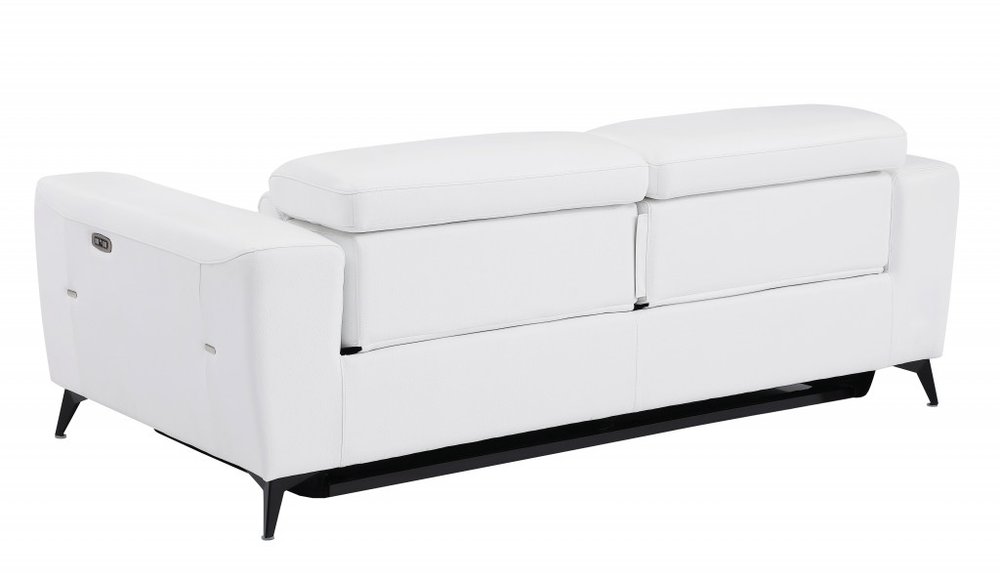 Beige Italian Leather USB Reclining Sofa with Silver Legs - 83-inch