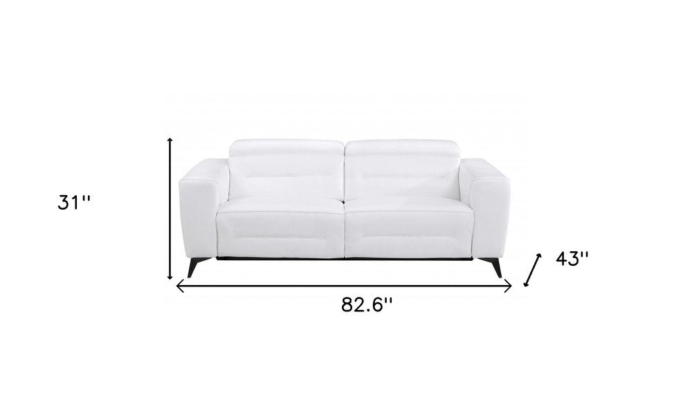 Beige Italian Leather USB Reclining Sofa with Silver Legs - 83-inch