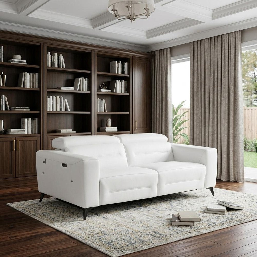 Beige Italian Leather USB Reclining Sofa with Silver Legs - 83-inch