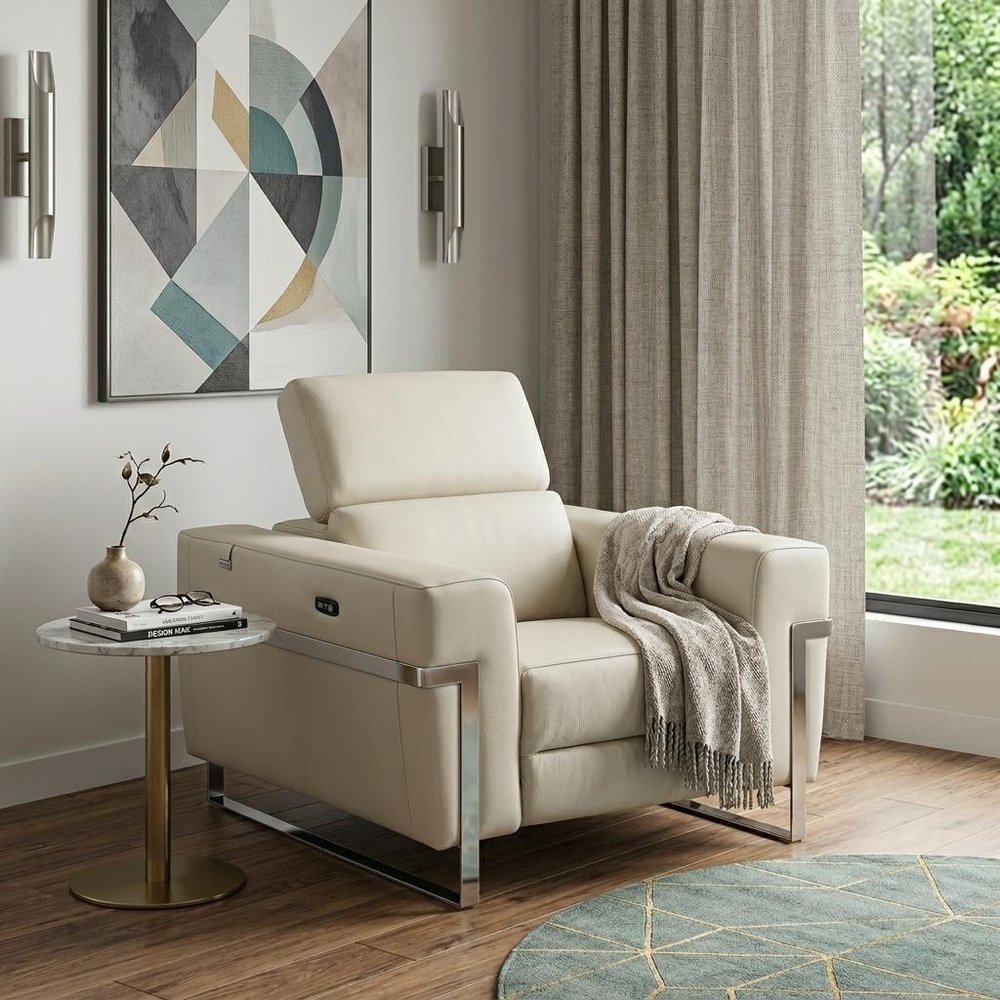 Beige Italian Leather Power Recliner Chair - 41-inch