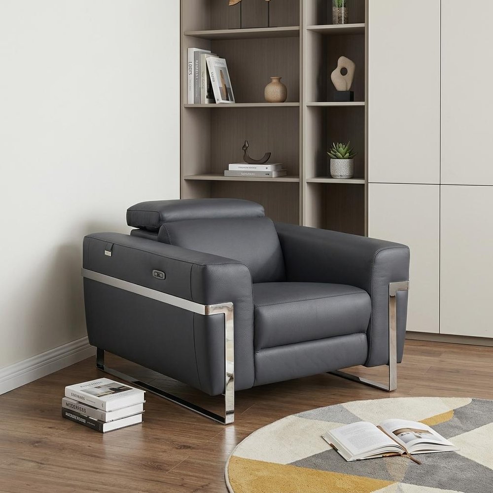 Beige Italian Leather Power Recliner Chair - 41-inch