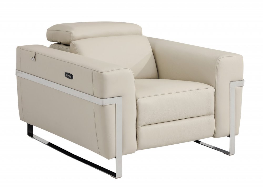 Beige Italian Leather Power Recliner Chair - 41-inch