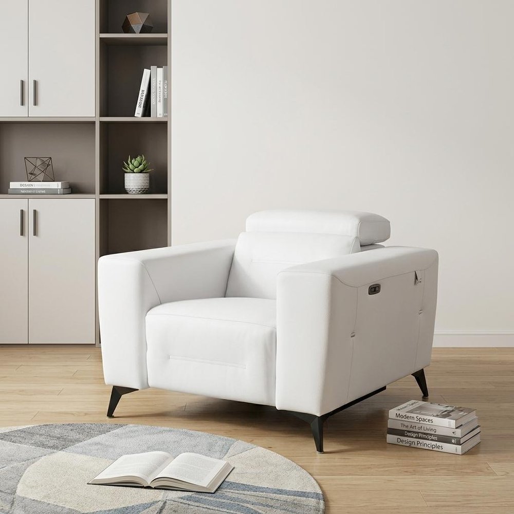 Beige Italian Leather Power Recliner Chair - 41-inch